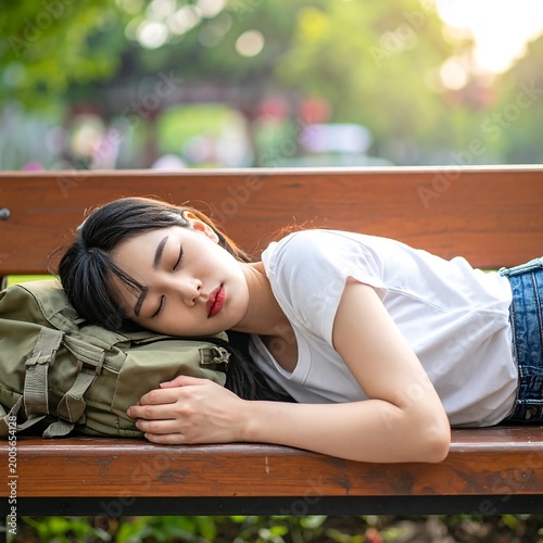 Young woman sleeping on park bench with backpack