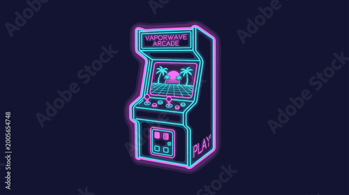 Neon retro arcade machine displaying a vibrant sunset landscape scene