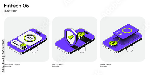 Modern fintech illustration set showcasing key financial app features including savings goal progress, secure money protection, and seamless money transfer. Vector illustration