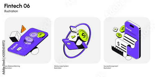 Modern fintech illustration set focused on billing and payments. This collection includes invoice receipt, payment confirmation, and billing-related UI concepts. Vector illustration