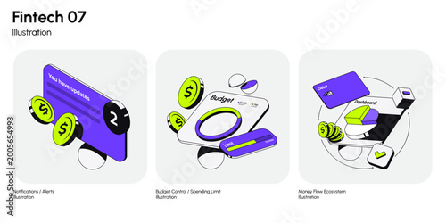Modern fintech illustration set featuring money flow, budgeting, notifications, and payment UI concepts in clean isometric style. Perfect for finance apps and dashboards. Vector illustration