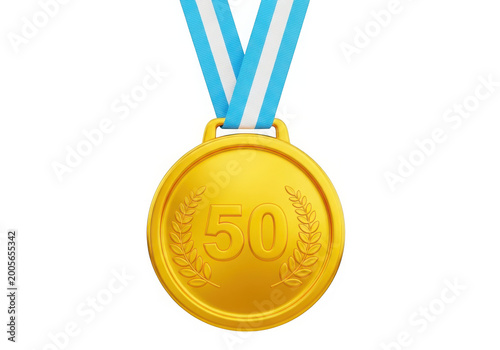 Gold medal with number 50 and blue ribbon on transparent background