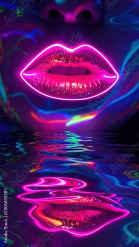 Glowing neon lips and face reflected in water. Colorful patterns and vibrant pink hues abound