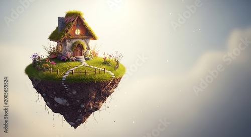 Magical Floating House, Fantasy Scene, Enchanted Island, Digital Art, Dreamy Atmosphere, Wide Angle View, Whimsy Concept