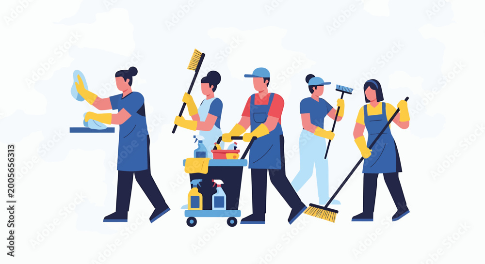 Fototapeta premium A diverse team of cleaning professionals working together with various tools and equipment to maintain a spotless environment.