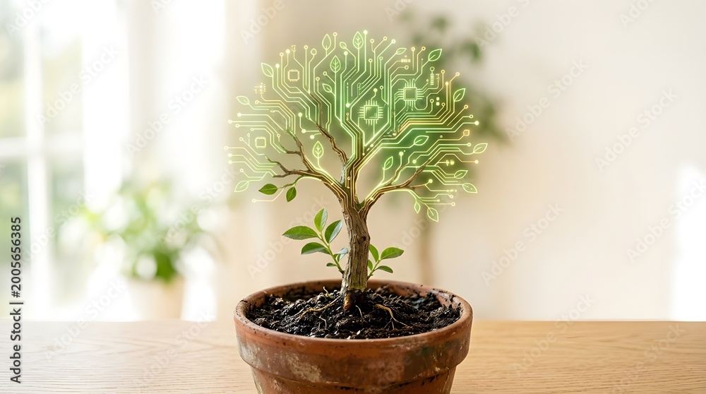 Fototapeta premium Potted plant with a glowing digital circuit pattern forming its leaves indoors technology innovation futuristic connection information sustainability interior abstract biotechnology outdoors