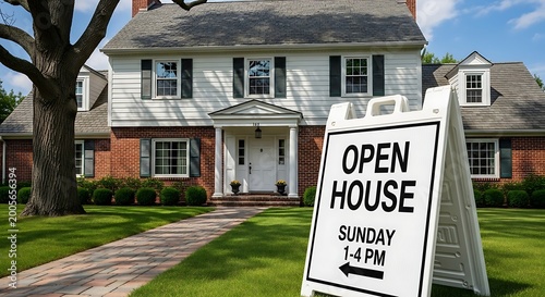 White open house sign outside a colonial-style brick home