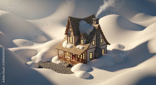 Charming Snow-Covered Cottage Amidst Winter Landscape, Illustration, Tranquil Setting, Aerial View, Cozy Concept