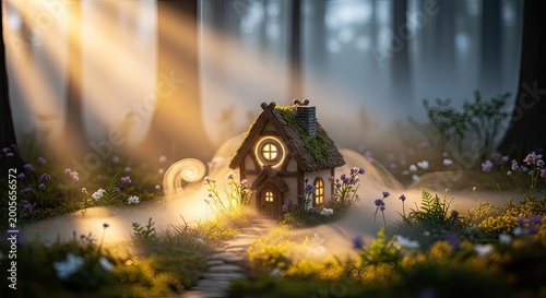 Enchanting Forest Scene, Cozy Cottage, Magical Woods, Digital Illustration, Serene Atmosphere, Close-Up View, Fantasy Concept