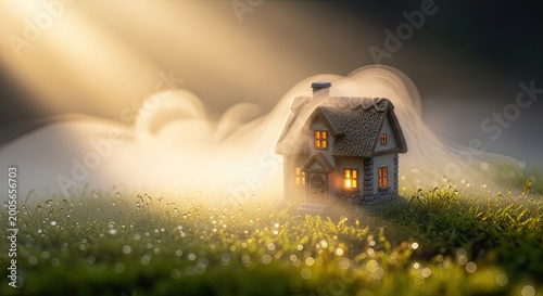 Enchanting Miniature House Surrounded by Mist in a Dreamy Landscape at Dusk