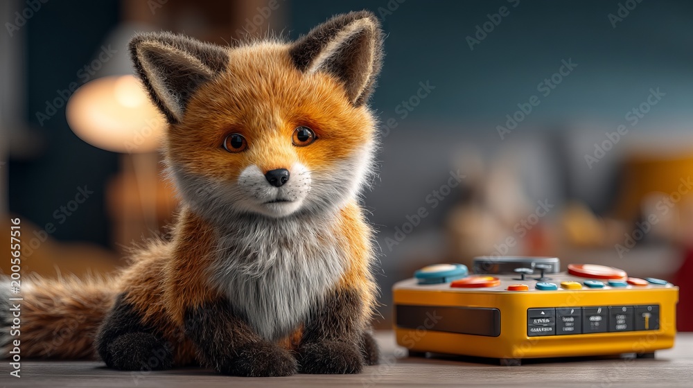 Obraz premium Adorable fox toy sitting beside colorful popup activity buttons