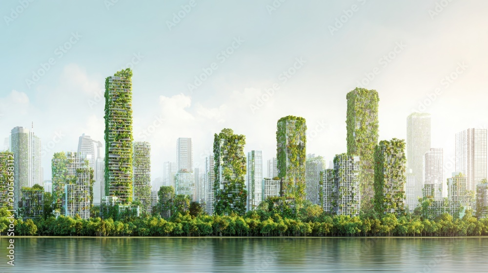 Fototapeta premium Modern eco city with buildings covered in greenery, bright daylight, clean air atmosphere, sustainable urban concept, large space, ultra realistic