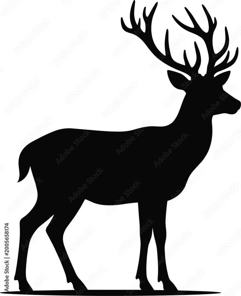Fototapeta premium Deer silhouette with large antlers standing profile wildlife animal vector illustration for nature hunting and forest design