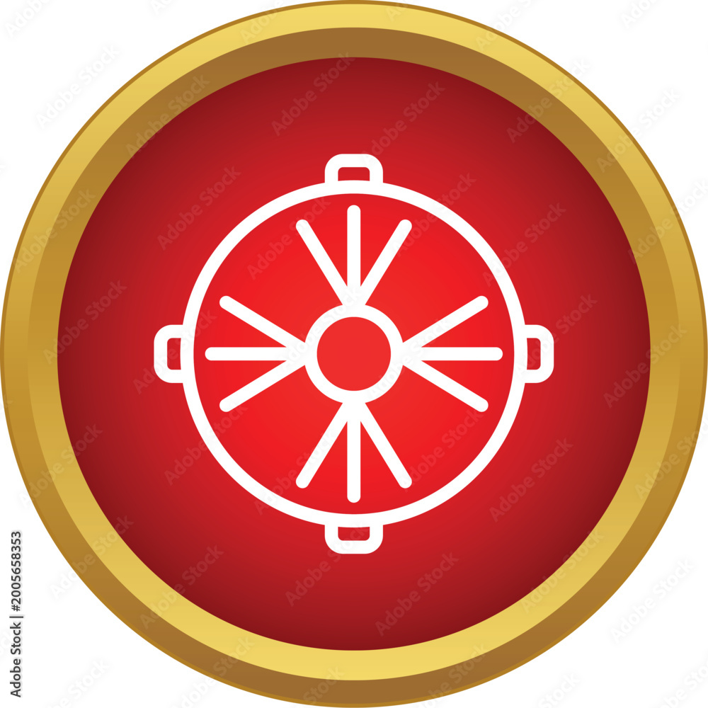 Obraz premium White outline steering wheel on a red circle with gold ring