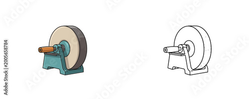 Valokuva Mechanical manual grindstone tool in cartoon style using teal, grey, and brown c