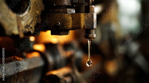 oil drop hanging machine lubrication macro viscosity physics industrial realism warm light