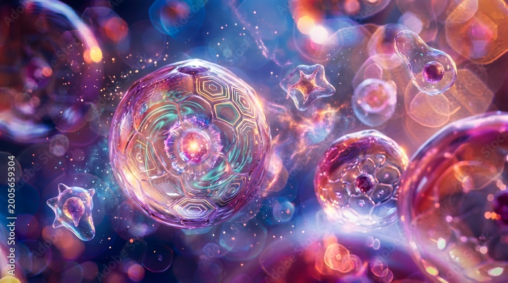 Fototapeta premium Vibrant, glowing orbs, iridescent bubbles, colorful abstract, psychedelic background, shimmering lights