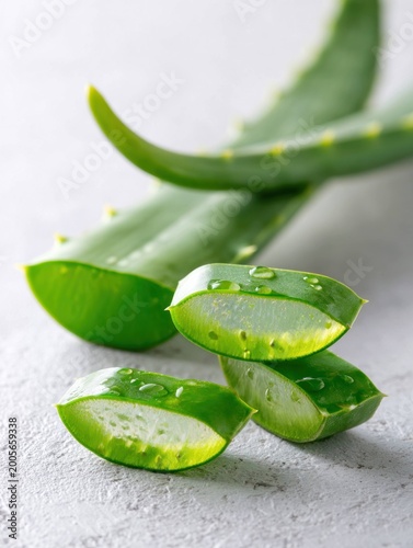 Aloe vera leaves with fresh cut sections showing gel and water droplets on surface for natural skincare and health benefits concept.