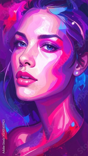 A vibrant, stylized portrait of a woman with bright pink and purple hues