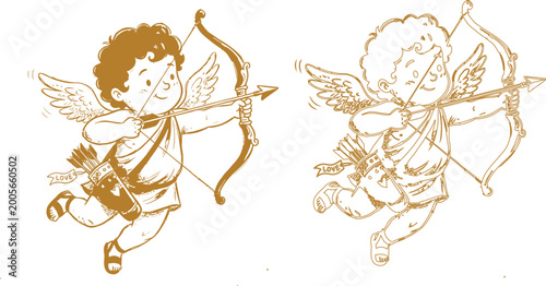 Fotografía Golden cupid silhouettes two angelic figures with bows and arrows