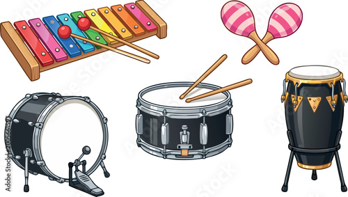 Tableau sur toile Collection of Percussion Musical Instruments Featuring Xylophone Drums Maracas a
