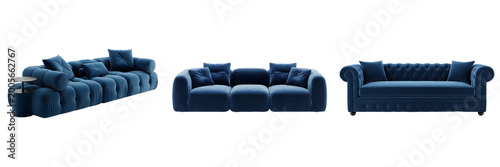 set of blue velvet modular or traditional sofas on withe background PNG photo
