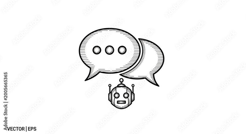 Obraz premium Chatbot Robot Icon with Speech Bubbles Hand Drawn Sketch.