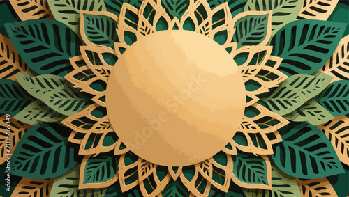 Layered paper cut-out mandala featuring a central beige circle surrounded by intricate golden leaf shapes and deep green layered leaves creating a natural.