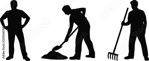 Foto Worker silhouettes vector set labor men digging raking standing black constructi