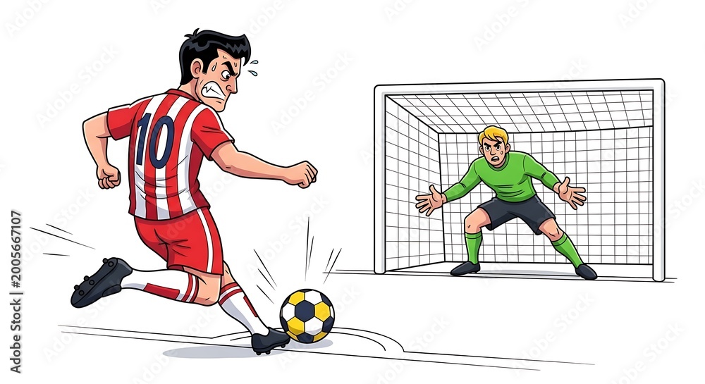 Obraz premium cartoon soccer penalty kick moment with player about to strike ball, focused expression, goalkeeper ready in goal, dynamic tension, isolated on pure white background, centered composition, high detail