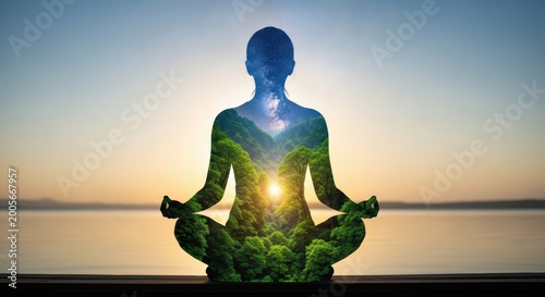 silhouette of meditating person with glowing energy at sunset by tranquil lake