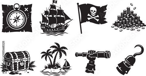 Foto Pirate icons, black and white, vintage illustrations, 8 nautical symbols