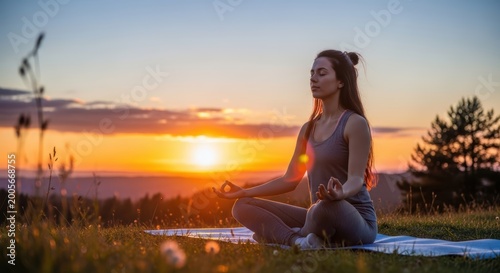 young woman meditating at sunset in serene outdoor field with golden light