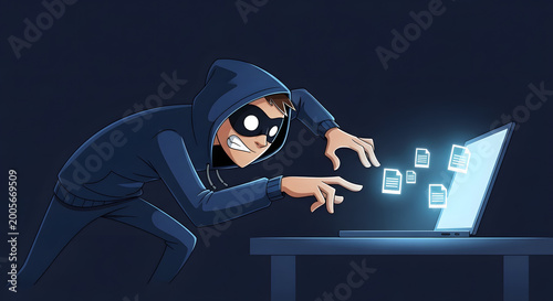 Masked hacker stealing digital files from a glowing laptop computer screen