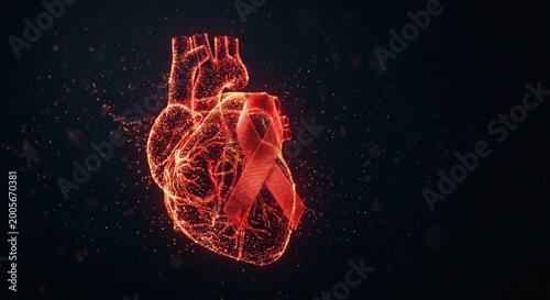 Futuristic glowing red digital heart made of particles with an AIDS awareness ribbon
