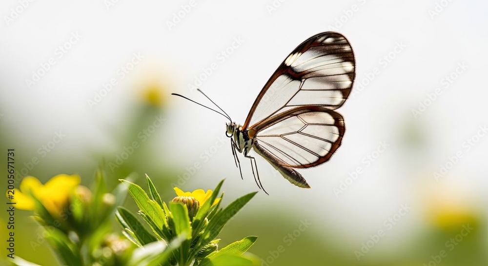 Fototapeta premium Glasswing Butterfly Hovering Over Yellow Flowers
