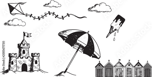 Canvastavla Hand-drawn vector illustration of a beach scene with a kite flying over a castle, umbrella, and buildings
