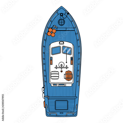 Obraz na plátne Blue fishing boat with life buoys and equipment on deck