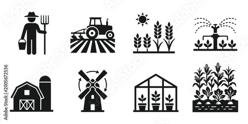 Flat silhouette vector icon set of agriculture and farming elements. farmer, tractor, wheat field, irrigation, barn, windmill, greenhouse, and corn field.