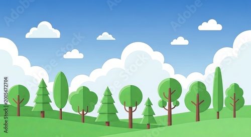 Colorful cartoon forest landscape with green trees and fluffy clouds under blue sky