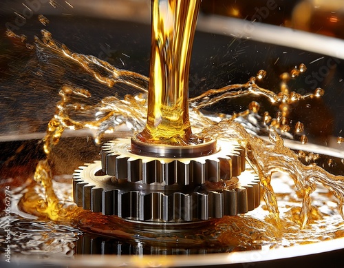 close up of gears in industrial lubrication with shiny metal surfaces and oil splashes mechanical industrial
