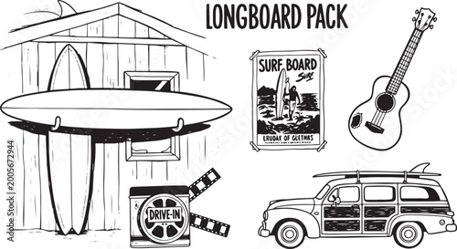 Foto A Hand-drawn vector illustration of a surfboard leaning on a beach shack with a van and guitar nearby