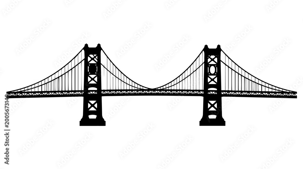 Fototapeta premium Vector silhouette of suspension bridge with towers and cables, iconic engineering landmark art