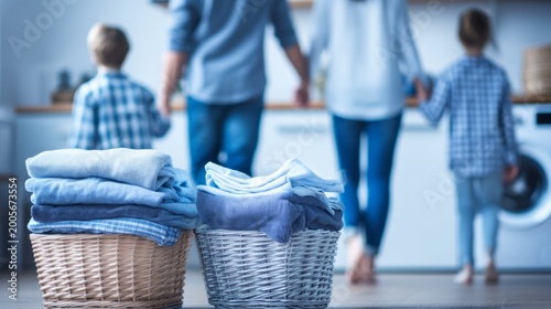 Family Activity in Modern Home with Baskets of Folded Linens and Children