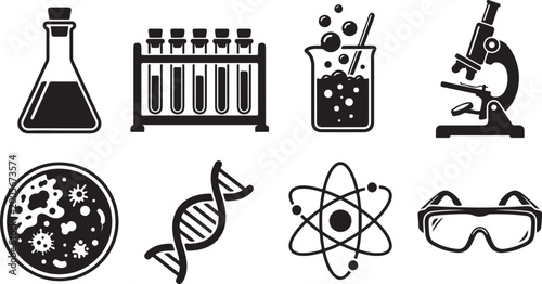 Science, laboratory, chemistry icons, biology symbols, atomic vector set