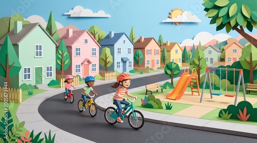 Suburban Neighborhood with Children Biking Papercut Concept Art