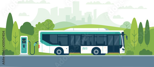 Modern electric city bus charging at a public station in a green urban park with a distant city skyline background.