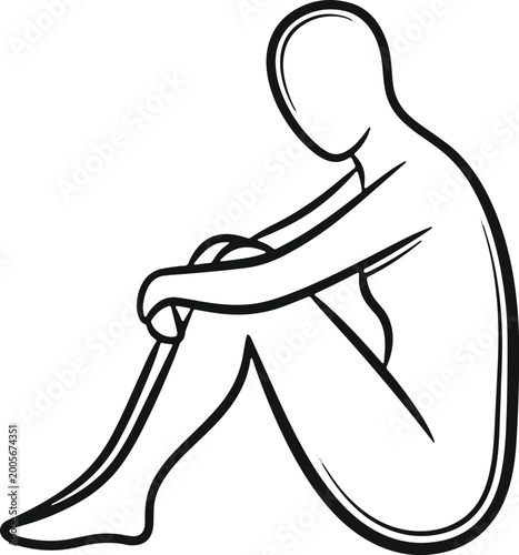 Canvas Print Sad person sitting alone on a transparent background feeling lonely and depressed human silhouette simple drawing