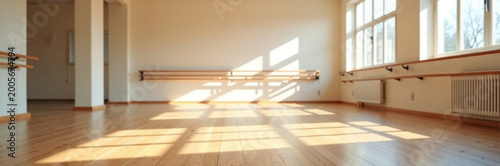 Spacious dance studio with natural light streaming through windows, wooden flooring enhances ambiance for practice and performance. Ideal space for dance classes or auditions to inspire creativity.
