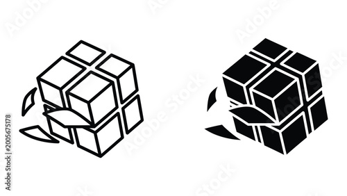 Broken rubik's cube falling with leaves